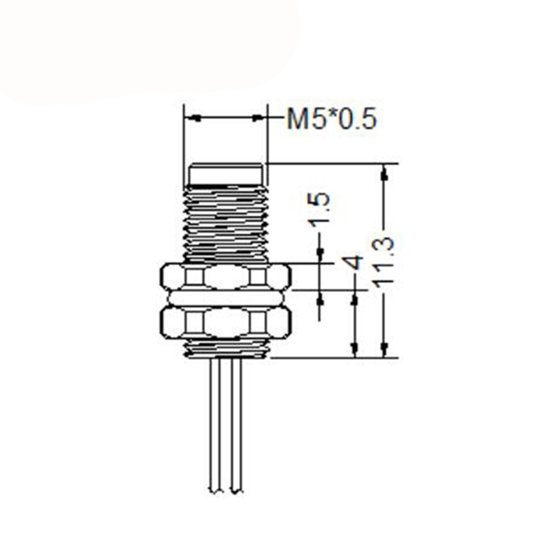 M5 3pins A code male straight rear panel mount connector,unshielded,single wires,26AWG 0.14mm²,brass with nickel plated shell